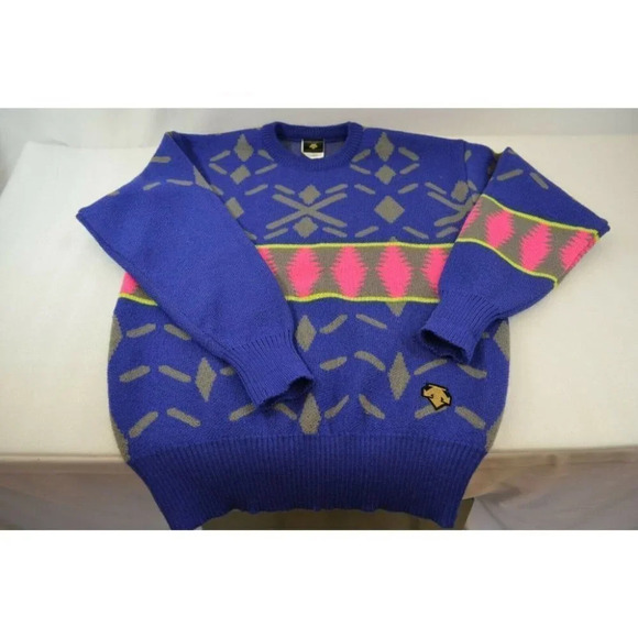 Descente Ugly Sweater Mens Small Geometric Blue Pink 100% Wool Vtg  Retro - Picture 1 of 12